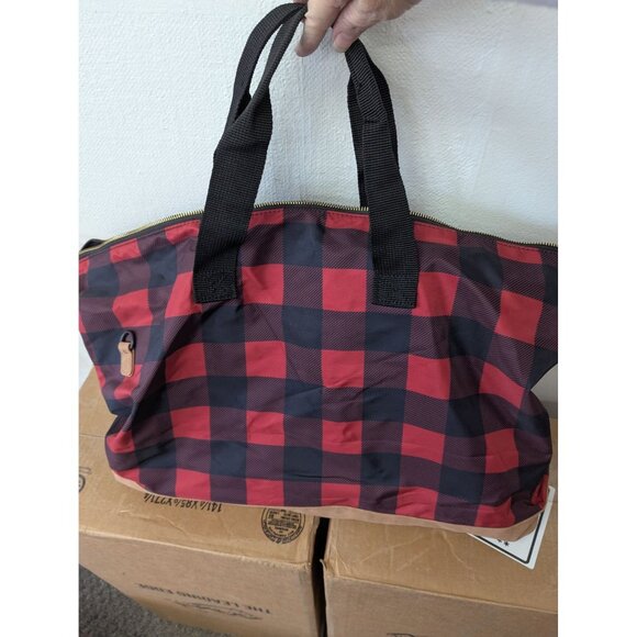 Maurices Buffalo Plaid Overnight Bag Red Black Detached Shoulder Strap Tote - Picture 2 of 16